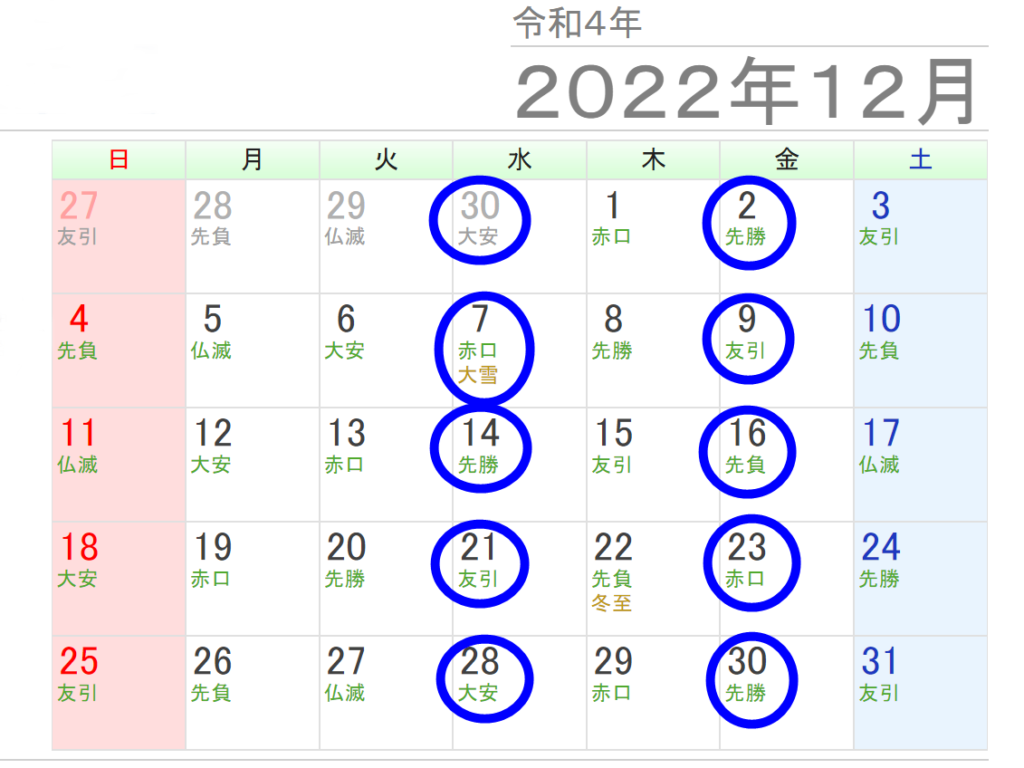 2022年12月水曜日と金曜日を示したカレンダー
